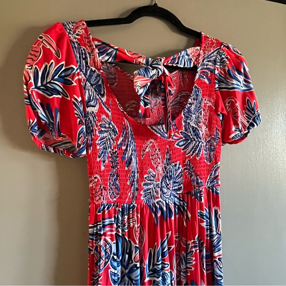 Red and Blue Floral Toucan Dress